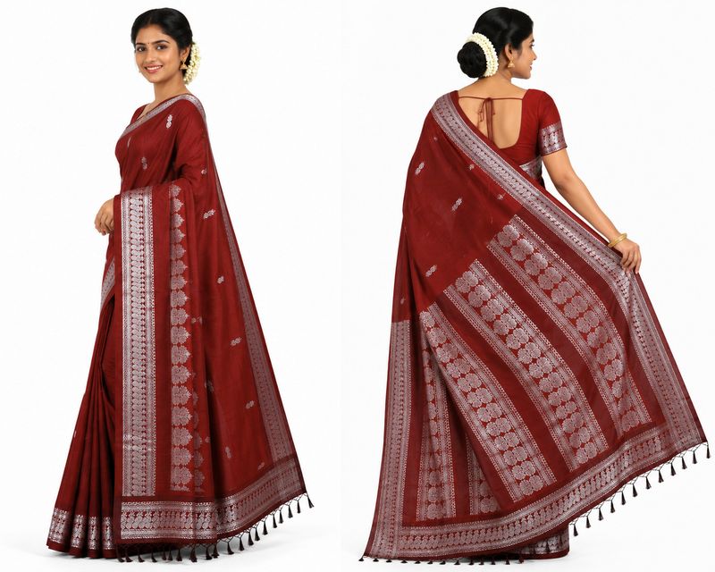 PME Woven Temple Border Kanjivaram Cotton Saree (Maroon) - Image 3