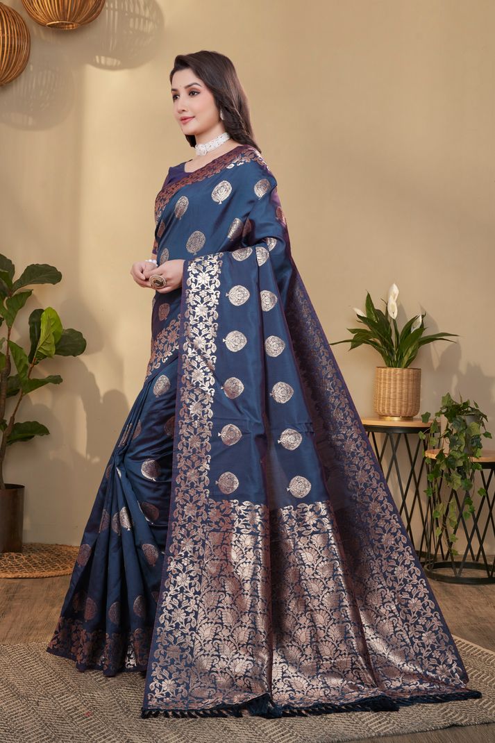 NENCY FASHION Woven Banarasi Pure Silk Saree (Dark Blue) - Image 3
