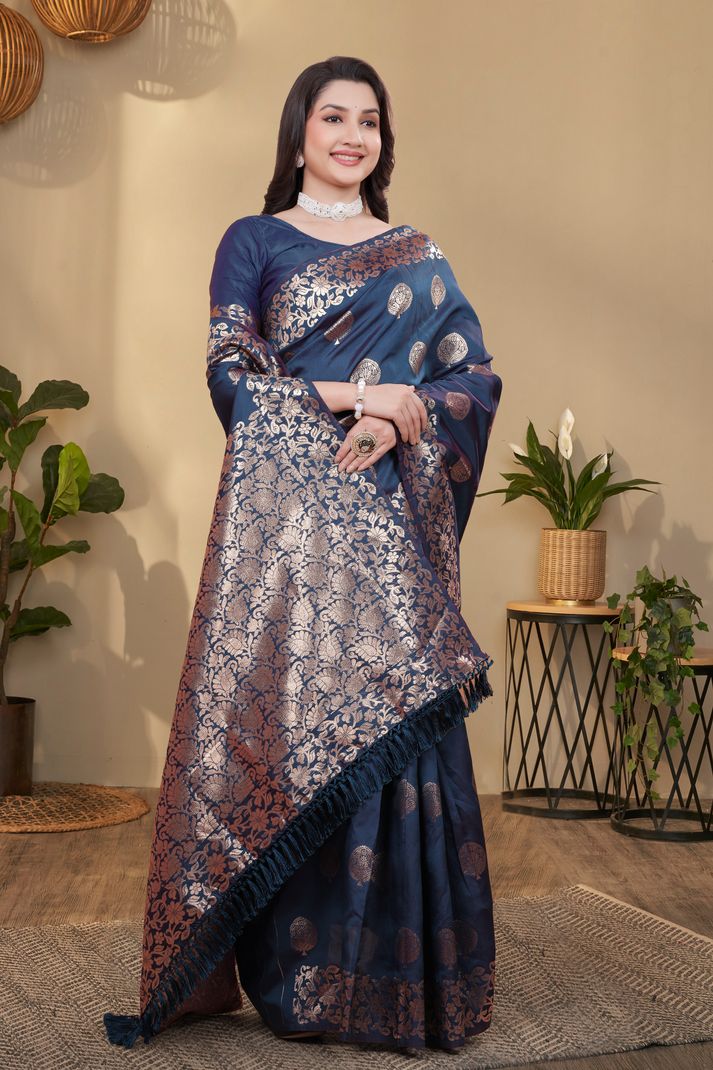 NENCY FASHION Woven Banarasi Pure Silk Saree (Dark Blue) - Image 5
