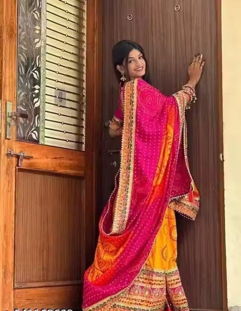 Floral Print Embroidered Bandhani Art Silk Saree - Image 3