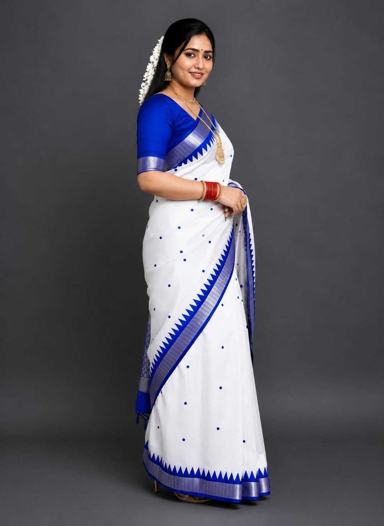 Sairi Temple Border Woven Sambalpuri Art Silk Saree (White) - Image 6