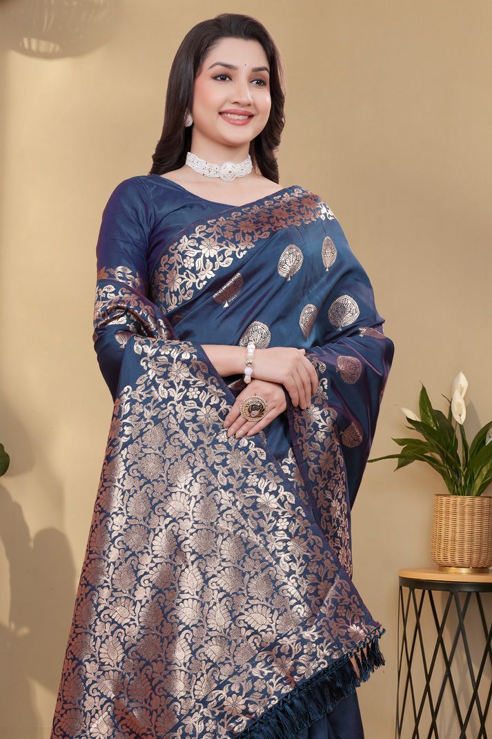 NENCY FASHION Woven Banarasi Pure Silk Saree (Dark Blue) - Image 6
