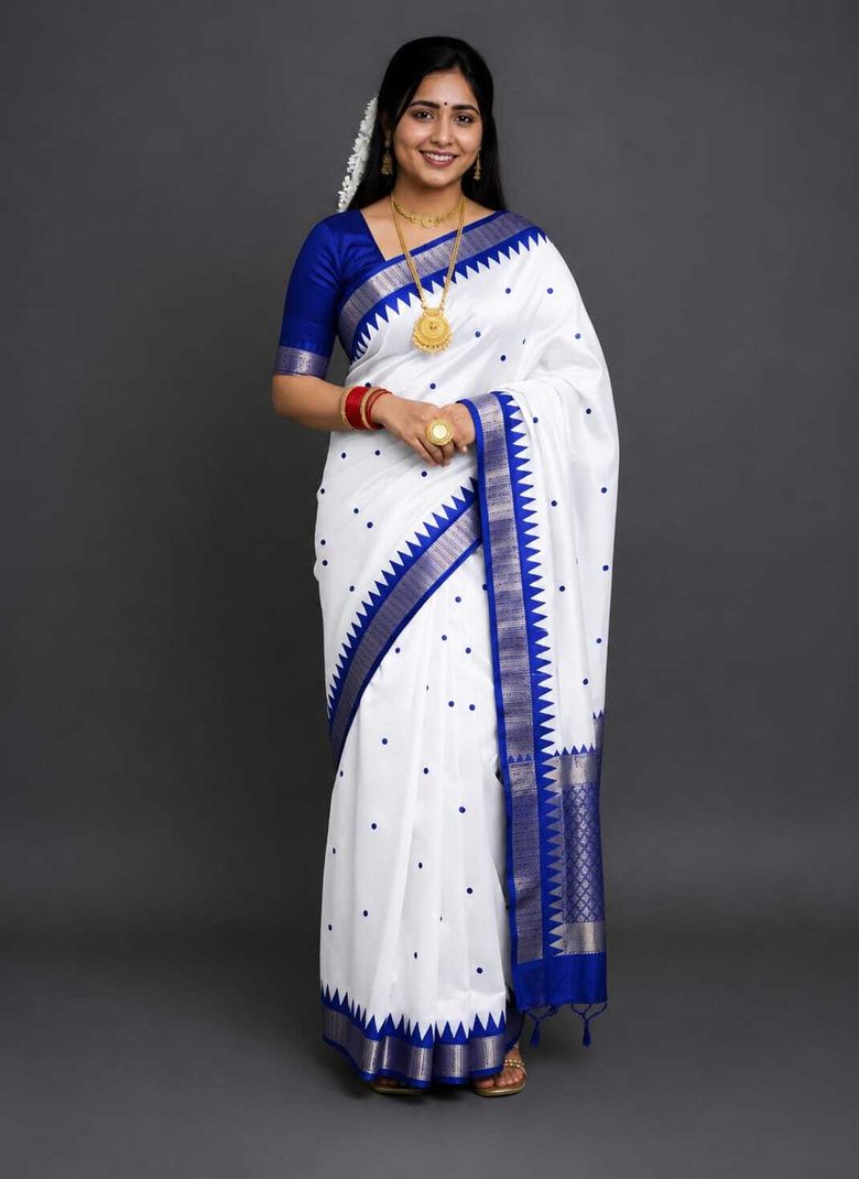 Sairi Temple Border Woven Sambalpuri Art Silk Saree (White) - Image 5