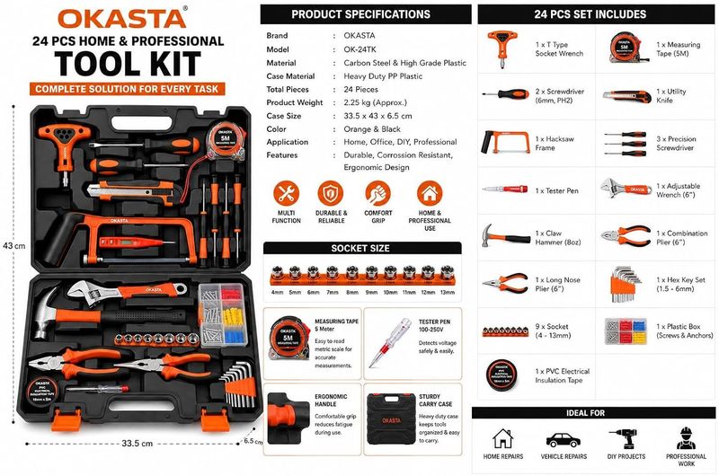 OKASTA 24PC Multipurpose Hand Tool Kit - Image 5