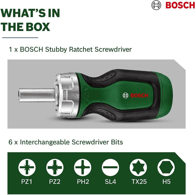 Bosch Stubby Ratchet Screwdriver with 6 Steel Bits - Image 2