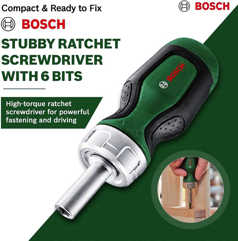Bosch Stubby Ratchet Screwdriver with 6 Steel Bits - Image 3