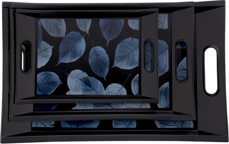 Vishwa enterprise Black Serving Tray Set of 3 | Blue Leaf Design | Multipurpose Trays with Handles Tray