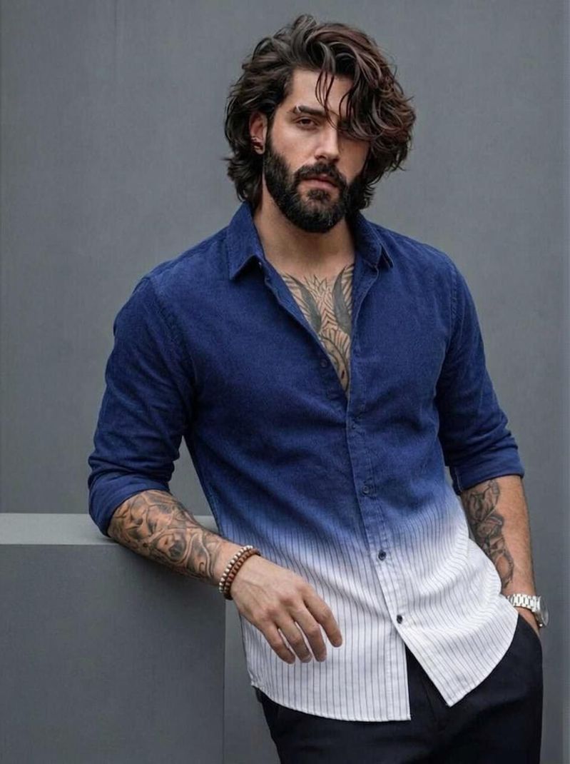 woyra Men Regular Fit Dyed/Ombre Ribbed Collar Casual Shirt - Image 2