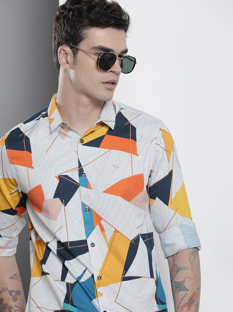 The Indian Garage Co. Men Geometric Print Party White Shirt