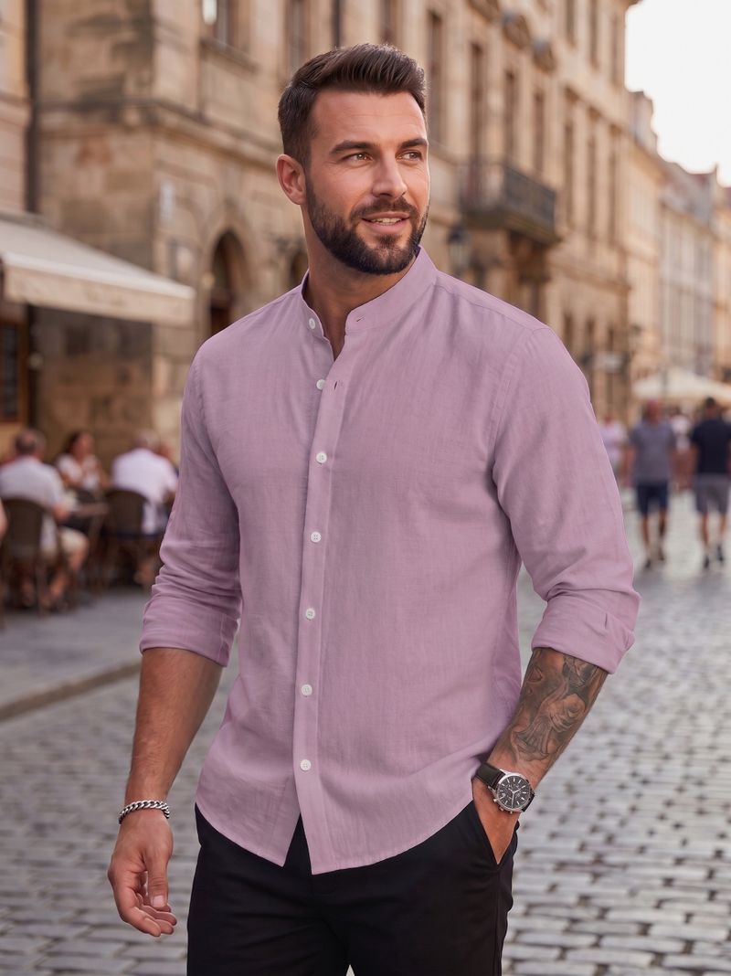 Men Regular Fit Mandarin Collar Casual Shirt - Image 4