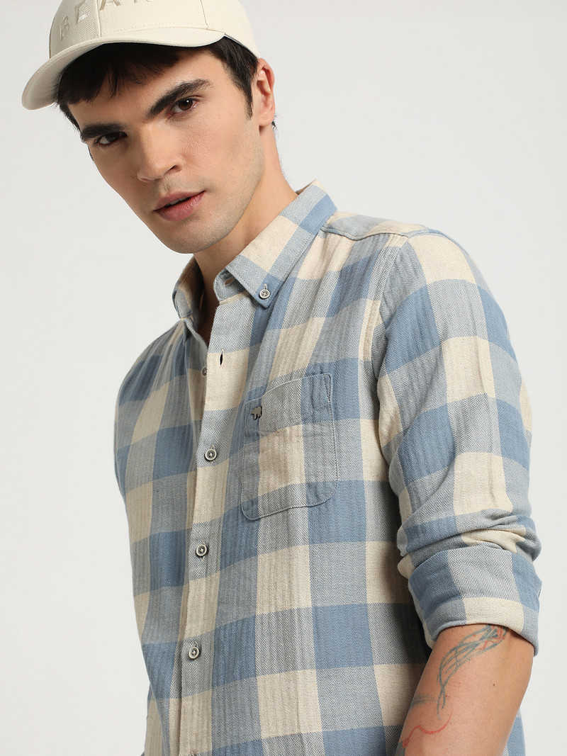 bear house men checkered casual blue shirt