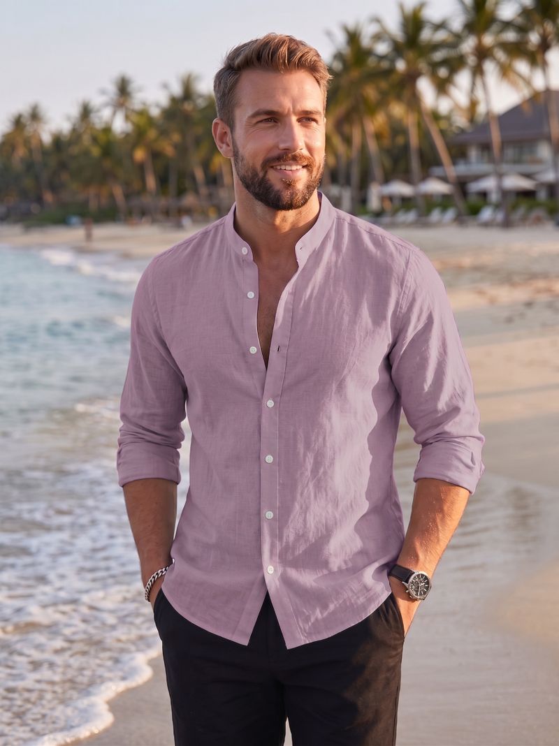 Men Regular Fit Mandarin Collar Casual Shirt - Image 5