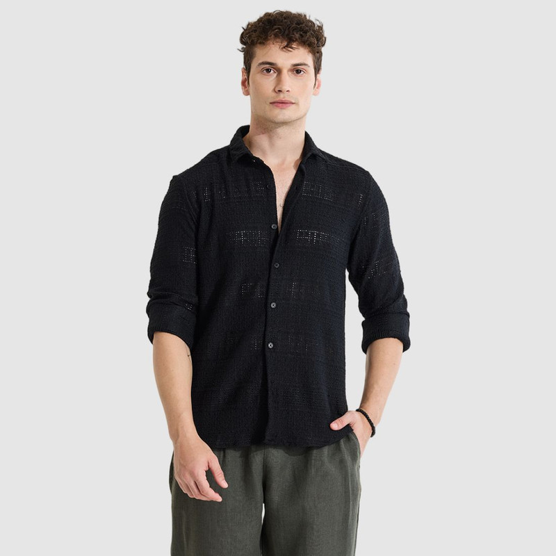 Snitch Men Slim Fit Self Design Spread Collar Casual Shirt