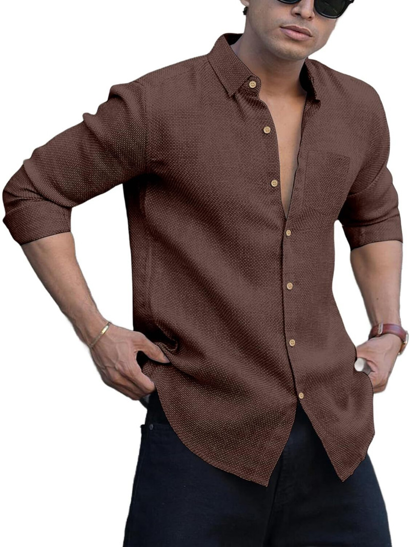 deemoon men solid casual brown shirt
