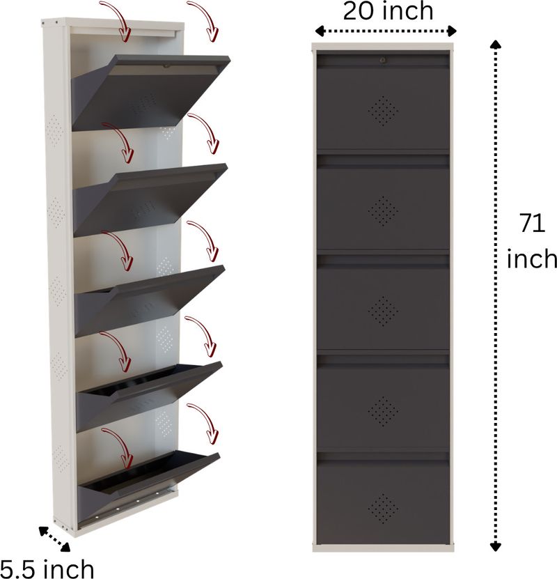 KRUGER 5 Door Grey 20x71x5.5 inch 10-15 Shoe Wall Rack - Image 3