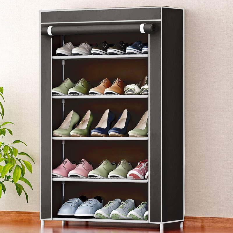FLIPZON Iron and Fabric Multi-Purpose Shoe Rack, 5 Shelf Metal Shoe Stand Black, 5 Shelves, DIY(Do-It-Yourself)