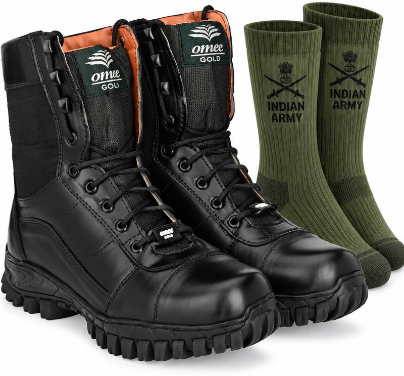 OMEE GOLD Menâs Tactical Army Boots |Outdoor Hiking Trekking Work Boots | Free Green Socks Casuals For Men (Black , 8) - Image 4