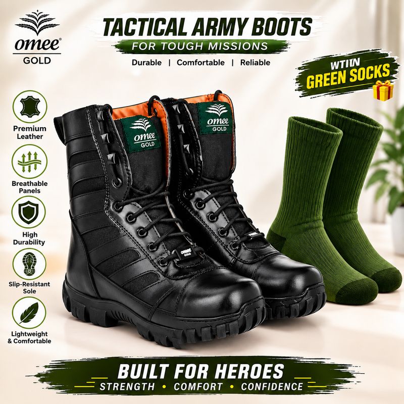 OMEE GOLD Menâs Tactical Army Boots |Outdoor Hiking Trekking Work Boots | Free Green Socks Casuals For Men (Black , 8) - Image 2