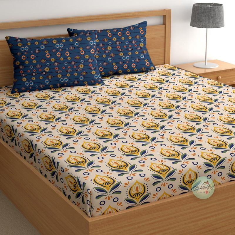 Cotton Double Flat 180 TC Floral 1 Bedsheet with 2 Pillow Covers (Beige & Purple)