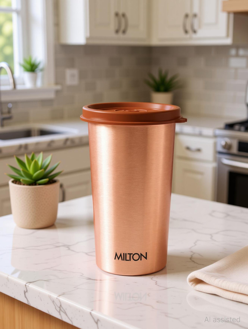 MILTON Drinking Water Tumbler with Lid, 1 Piece, (Lid Colour May Vary) 400 ml Copper Bottle Pack of 1, Copper