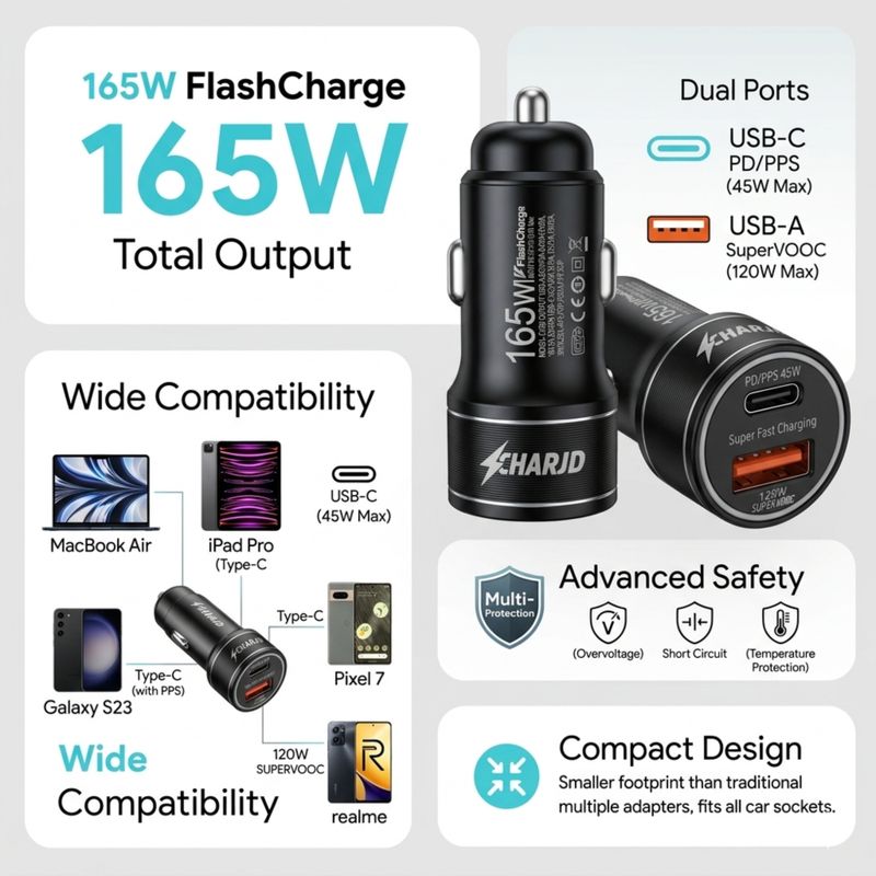 CHARJD 165W Qualcomm 3.0 Turbo Car Charger Black - Image 5