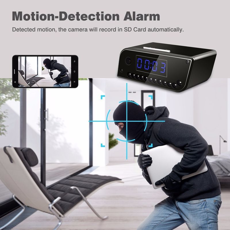 DEROVON WiFi Table Clock Security Camera Audio and Video Recording Motion Detection Security Camera (64 GB, 1 Channel) - Image 3