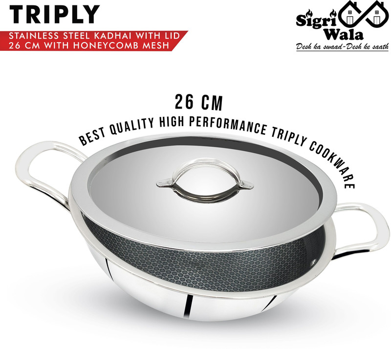 Sigri-wala Cook Healthy Honey Combmesh With SSLID- Kadhai 26 cm diameter with Lid 3.3 L capacity Triply, Induction Bottom