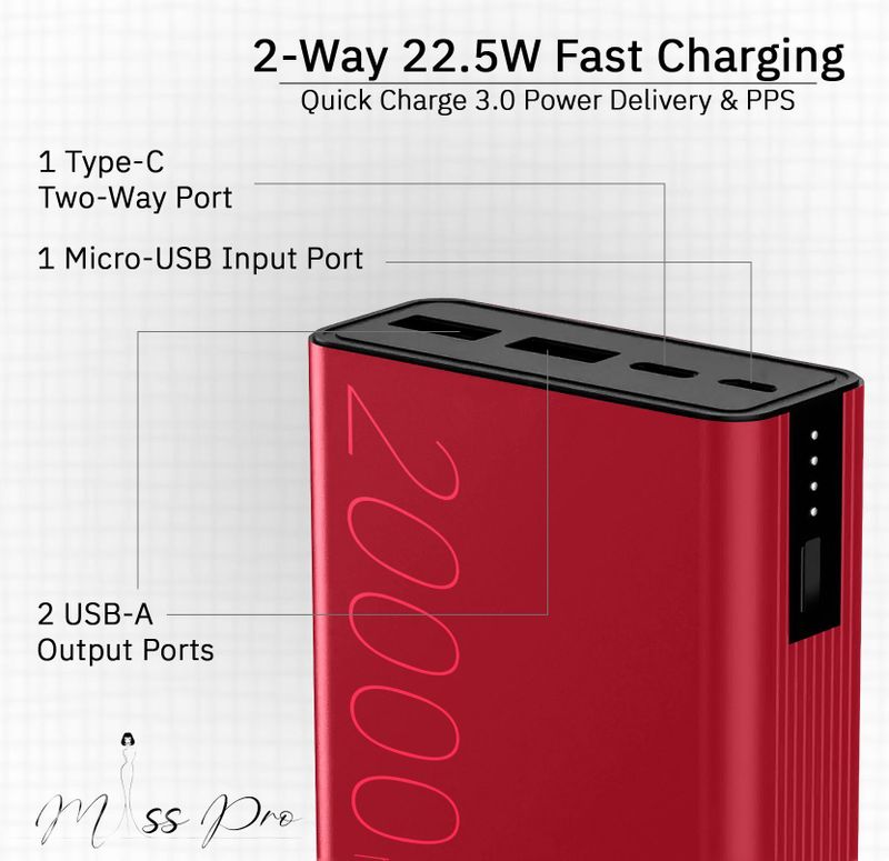 misspro 200000 mAh 22.5W Compact Power Bank, Red - Image 5