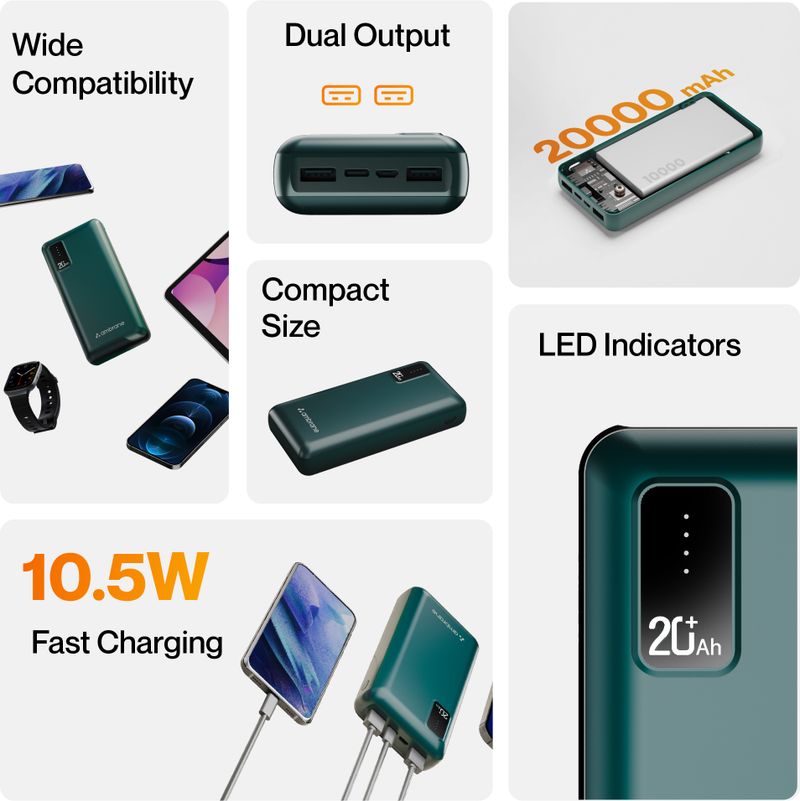 Ambrane 20000 mAh 10.5 W Compact Pocket Size Power Bank (Green, Lithium Polymer, Fast Charging for Earbuds, Laptop, Mobile, Smartwatch, Tablet, Trimmer) - Image 3