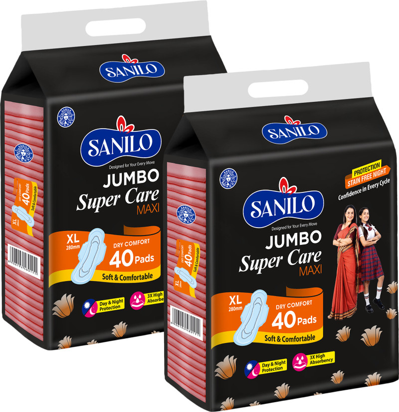 SANILO Jumbo Super Care Maxi Trifold 100% Leak Free, Anti-Rash 280mm XL Size Sanitary Pad