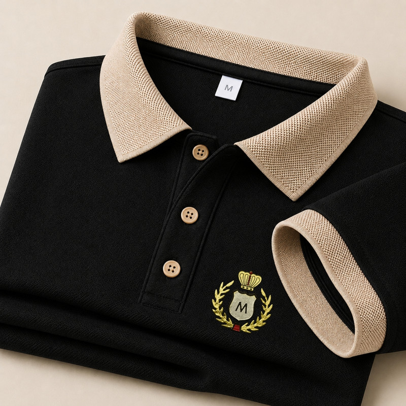 Elivaro Men Embroidered Polo Neck Cotton Blend Black T-Shirt