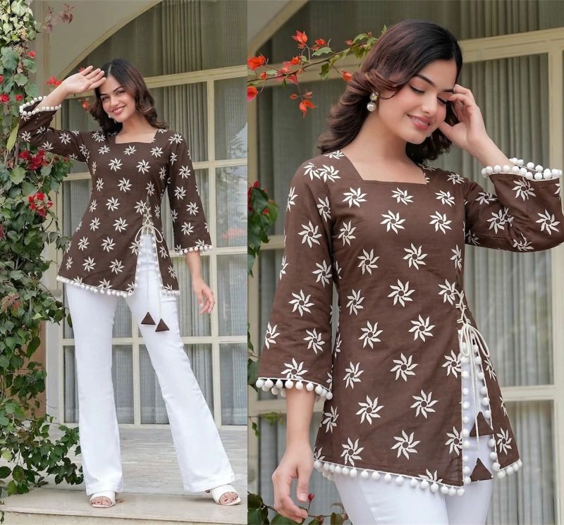 FABRICFETCH TEXTILES Women Brown Floral Print Top - Image 2