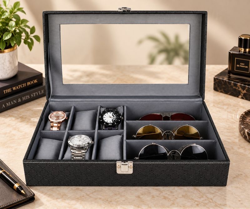 Mens and Womens Watch Box Holder Organizer Case Black 12 Compartments - Image 2