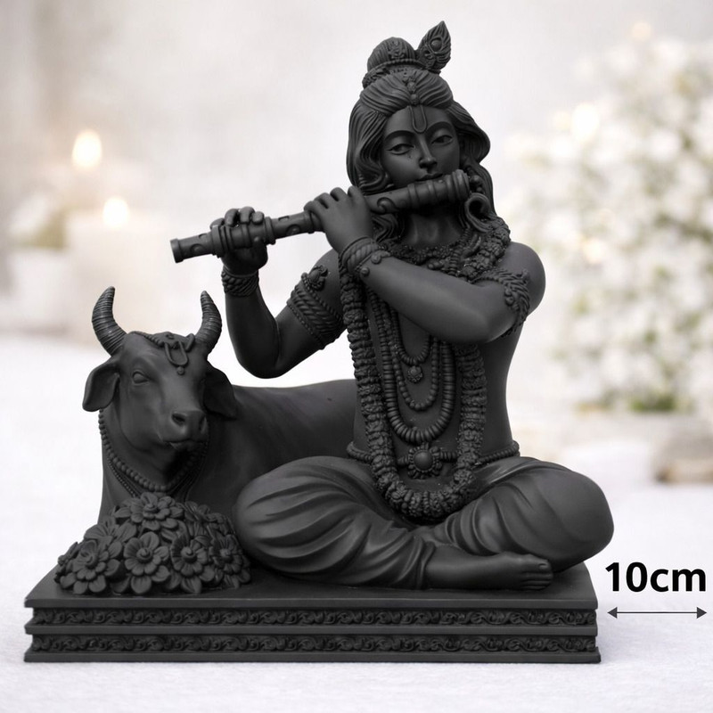 dss3dworks Divine Krishna with Cow Decorative Showpiece - 10 cm Resin, Black