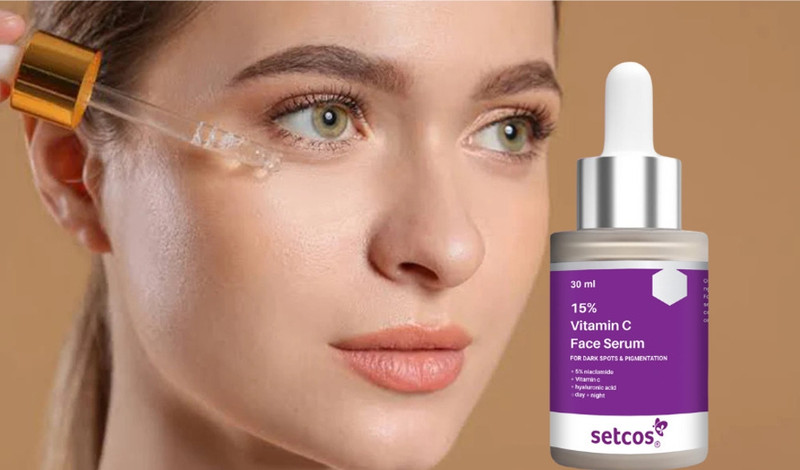 setcos 15 vitamin c face serum 5 niacinamide hyaluronic acid skin radiance non irritating sticky brightening dull reduces dark spots treats pigmentation