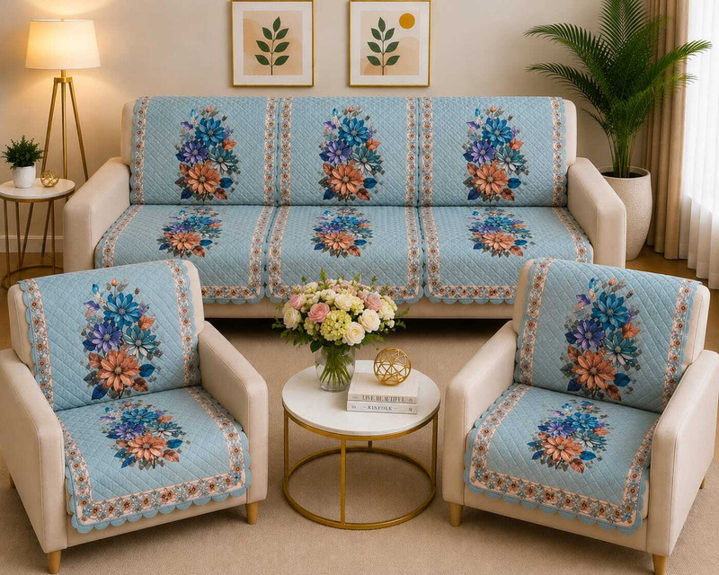 ONAVH Velvet 3+1+1 Seater Sofa Floral Cover Pack of 10 Aque Blue