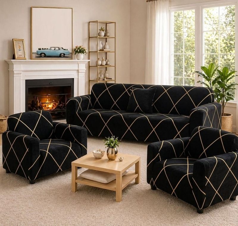 Sahib 3+1+1 Seater Sofa Cover, Pack of 3, Black - Image 2