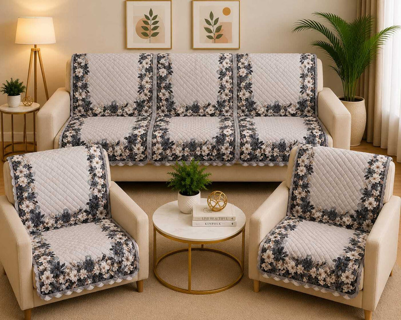 ONAVH Velvet 3+1+1 Seater Sofa Floral Cover Pack of 10 Light Grey