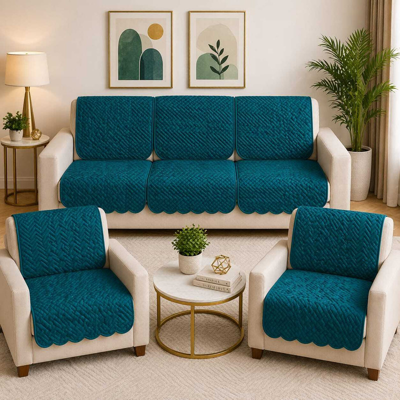 ONAVH Velvet 3+1+1 Seater Sofa Floral Cover Pack of 10 Green
