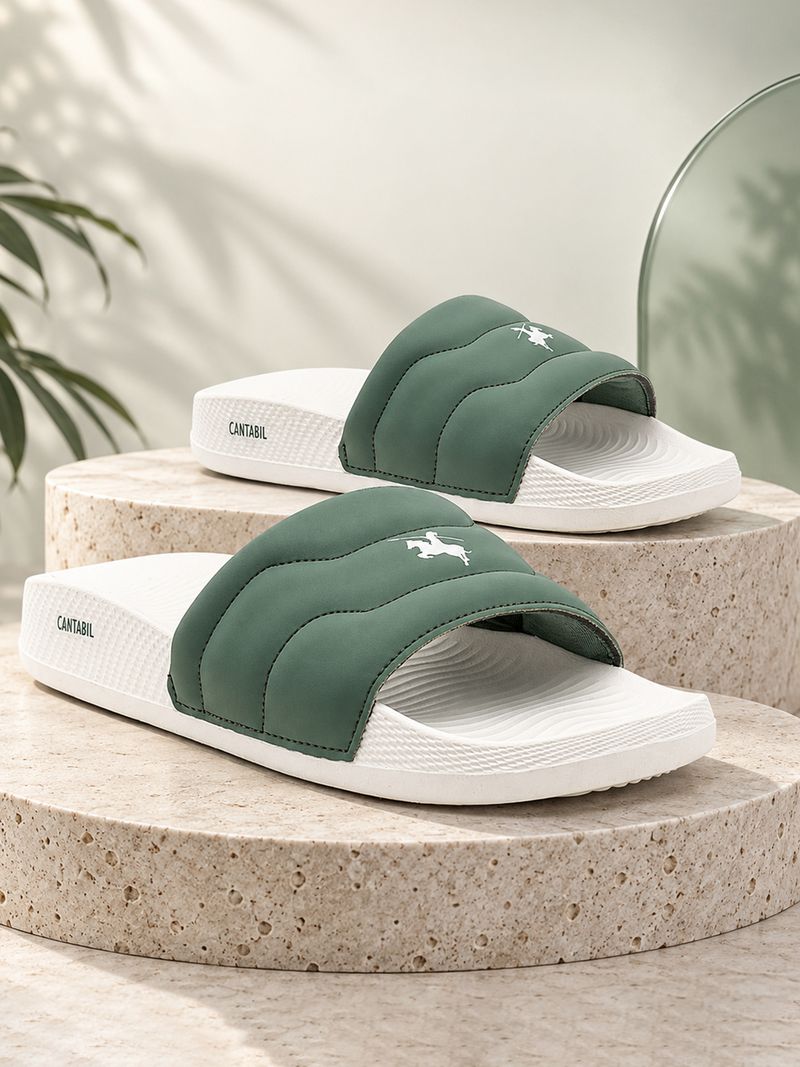 CANTABIL Men Slides (White, Green , 7) - Image 2