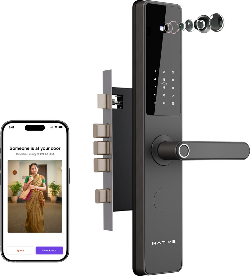NATIVE By Urban Company Lock Pro with Camera Unlock & Doorbell Connect | 7-Way Unlock |Free Installation Smart Door Lock (Grey)