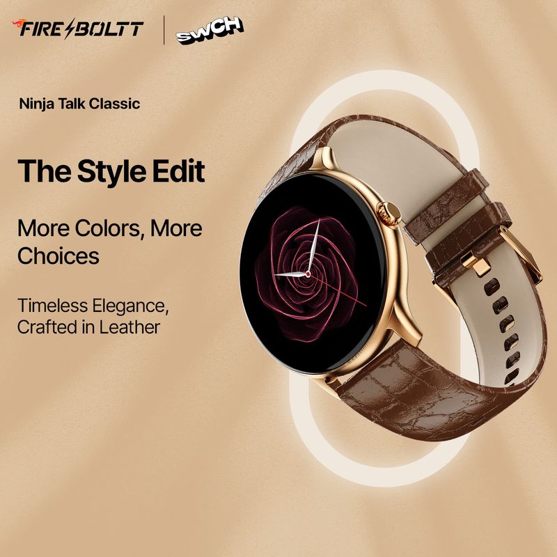 Fire-Boltt Ninja Talk 35.3mm (1.39) Round Bluetooth Calling Metal Body,120 Sports Modes Smartwatch (Brown Classic Strap, Free Size) - Image 3