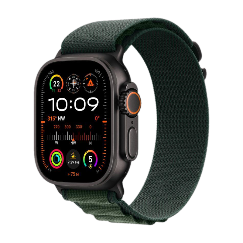 Apple Watch Ultra 2 GPS + Cellular 49mm Black Titanium with Dark Green Alpine Loop - S Black Strap, Free Size