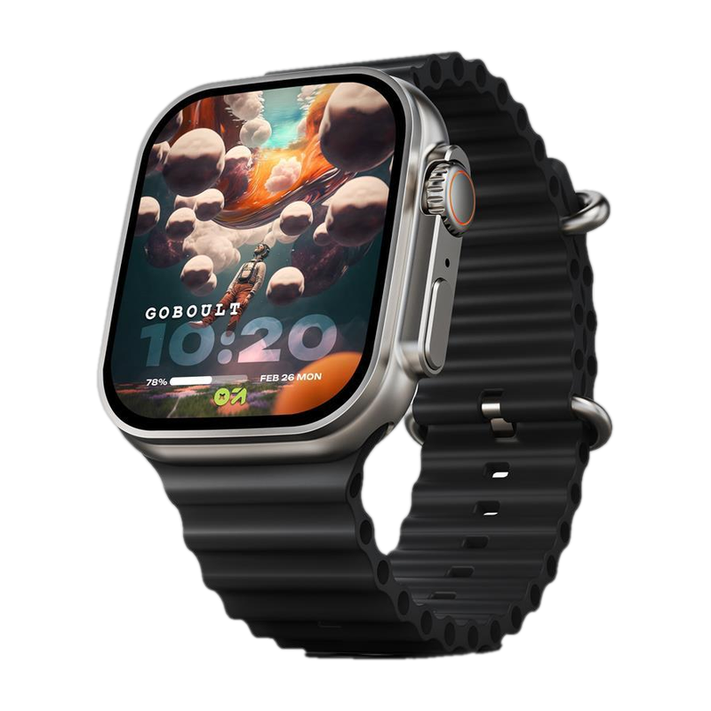 GOBOULT Crown 1.95'' HD Display, BT Calling, Working Crown, 900 Nits, SpO2 Smartwatch Black Strap, Free Size
