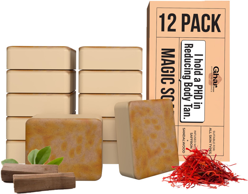 Ghar Soaps Magic Soap Sandal Wood And Saffron for DeTan and Glowing Brightening Skin (12 x 100 g)