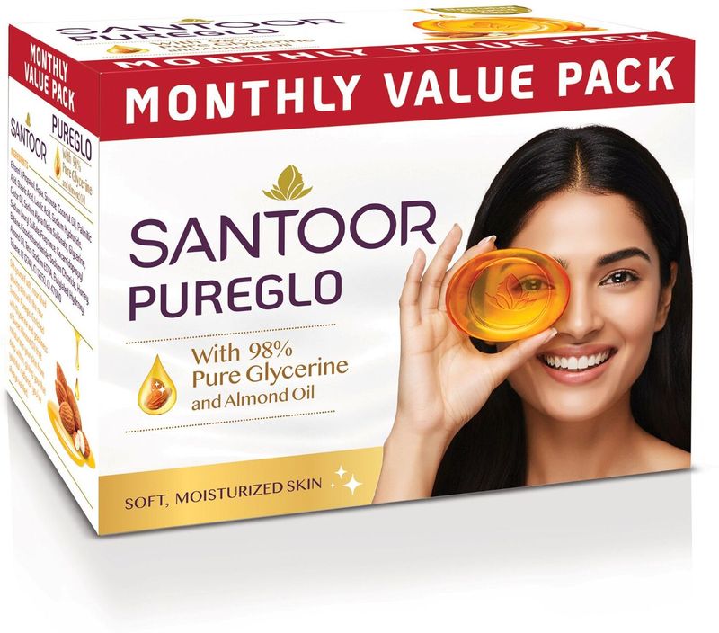 Santoor PureGlo Glycerine Bathing Bar Soap with Almond Oil for Nourished & Glowing Skin (3 x 125 g)