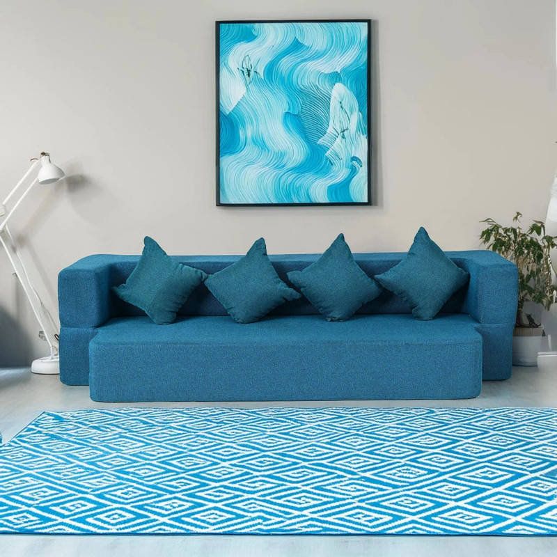 Seventh Heaven 4 Seater Sofa Bed 78x44x10 inch Jute Fabric with 4 Cushions 4 Seater Double Foam Fold Out Sofa Cum Bed (Finish Color - Sky Blue. Delive