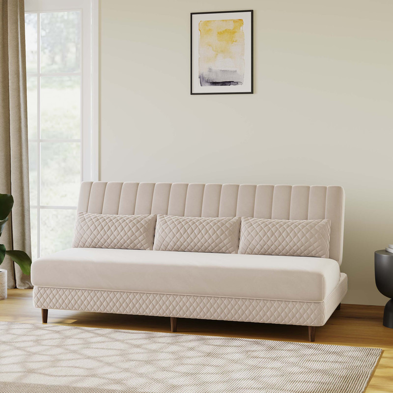 Rm Home Oliver 3 Seater Double Solid Wood Fold Out Sofa Cum Bed (Finish Color - Beige Color Delivery Condition - DIY(Do-It-Yourself))
