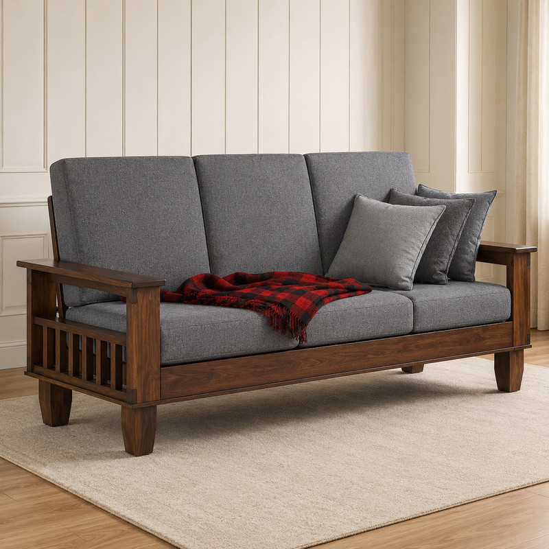 Kendalwood Furniture Solid Wood 3 Seater Wooden Sofa set for living Room Furniture Fabric 3 Seater Sofa Finish Color - Walnut Finish with Grey Cushion