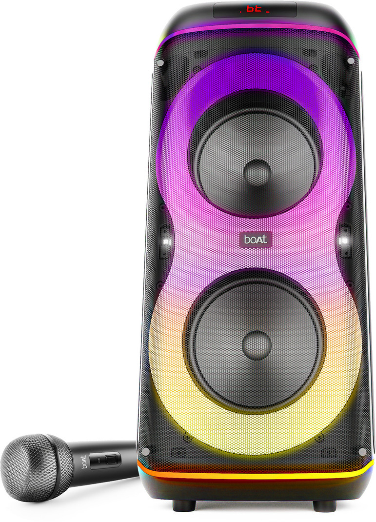 boAt PartyPal 390 Plus,Karaoke Auto-Tuner,UHF Mic,RGB LED,TWS Mode,Guitar Input Port 160 W Bluetooth Tower Speaker (Onyx Black, Mono Channel)